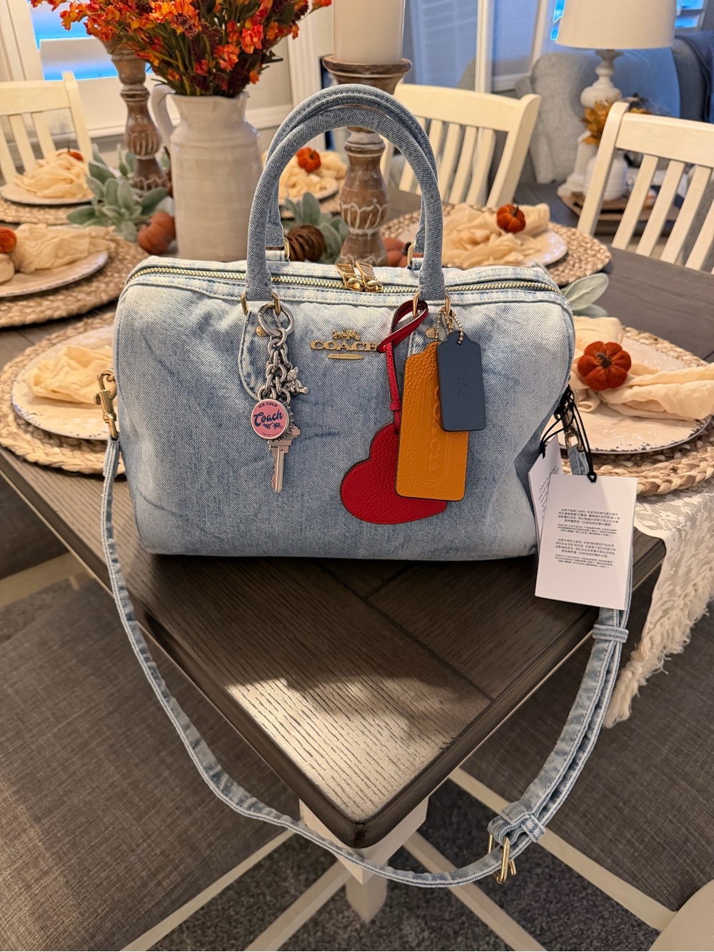 Coach Light Blue Denim Satchel with Multicolor Leather Charms